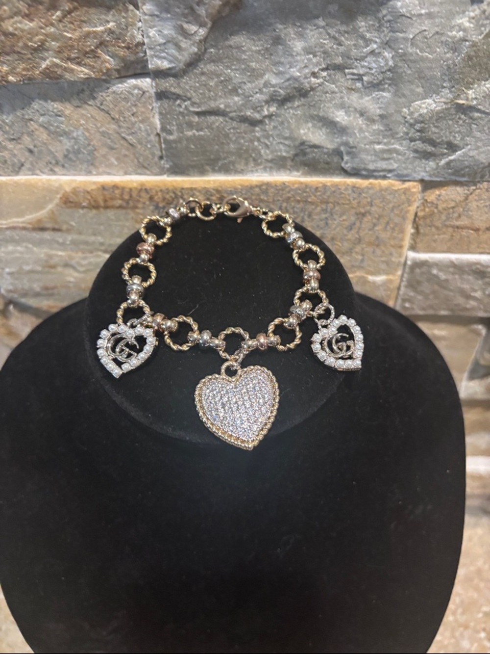 Tri color metal bracelet with GG Gold Heart Charm Bracelet with Crystal Accents